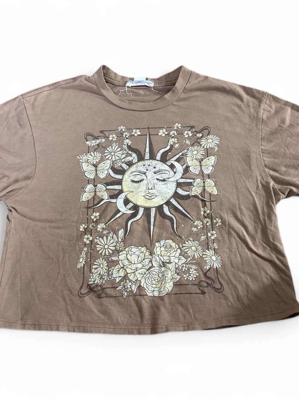 Vintage-Inspired Brown Celestial Sun & Floral Cropped Tee
